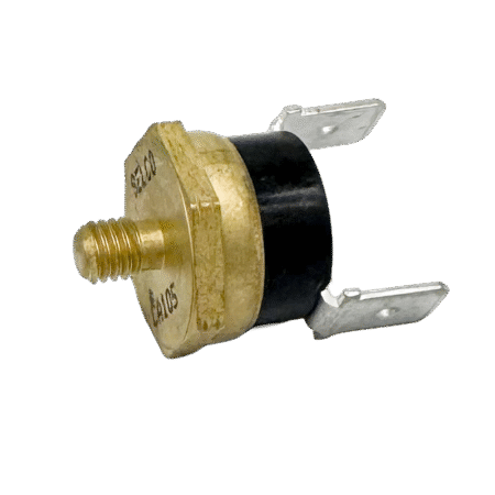 Thermostat with brass sensor and two flat metal spade connectors, shown on a white background. Aqua Hot ELE-LTC-608 low temp cut-off thermostat with spade terminals for RV and motorhome heating systems.