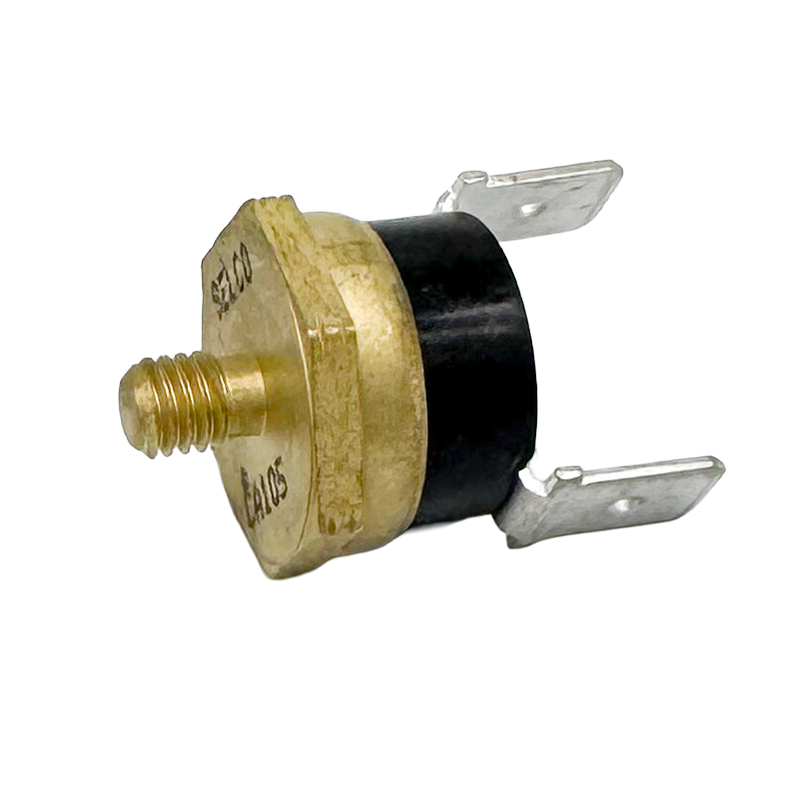 Thermostat with brass sensor and two flat metal spade connectors, shown on a white background. Aqua Hot ELE-LTC-608 low temp cut-off thermostat with spade terminals for RV and motorhome heating systems.