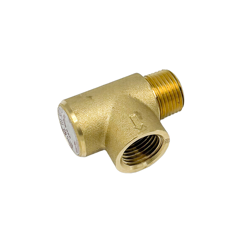 Aqua Hot PLX-111-125 pressure relief valve, 125 PSI safety valve for RV and motorhome hydronic heating systems. Brass pressure relief valve with threaded connection, shown on a white background.