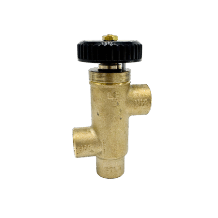 Brass tempering valve with threaded fittings, shown on a white background. Aqua Hot PLX-4A8-180 tempering valve, 120°F to 160°F adjustable hot water mixer for RV and motorhome Aqua-Hot systems.