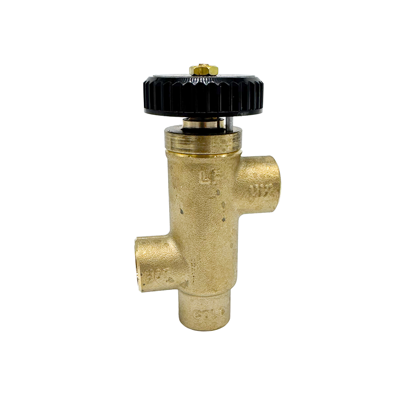 Brass tempering valve with threaded fittings, shown on a white background. Aqua Hot PLX-4A8-180 tempering valve, 120°F to 160°F adjustable hot water mixer for RV and motorhome Aqua-Hot systems.