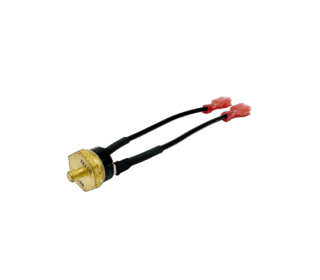 Brass thermostat with attached wires, shown on a white background. Aqua Hot ELE-000-606 low temp cut-off thermostat assembly for RV and motorhome Aqua Hot heating systems.