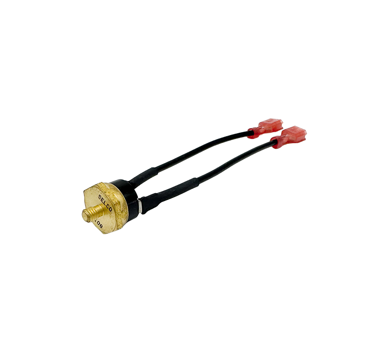 Brass thermostat with attached wires, shown on a white background. Aqua Hot ELE-000-606 low temp cut-off thermostat assembly for RV and motorhome Aqua Hot heating systems.